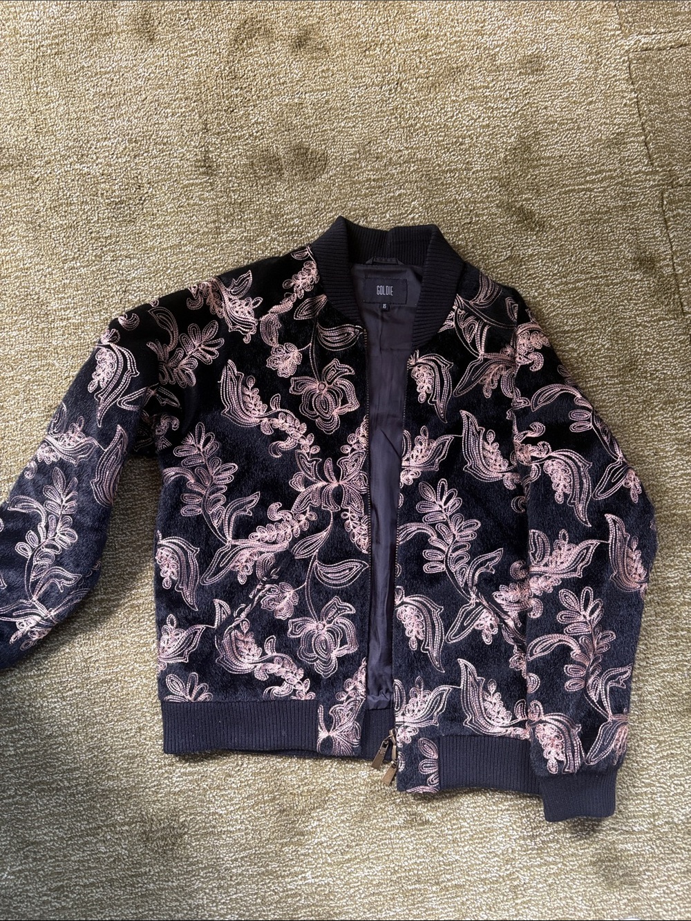 Vintage Style Black Bomber Jacket with Gold Floral Embroidery